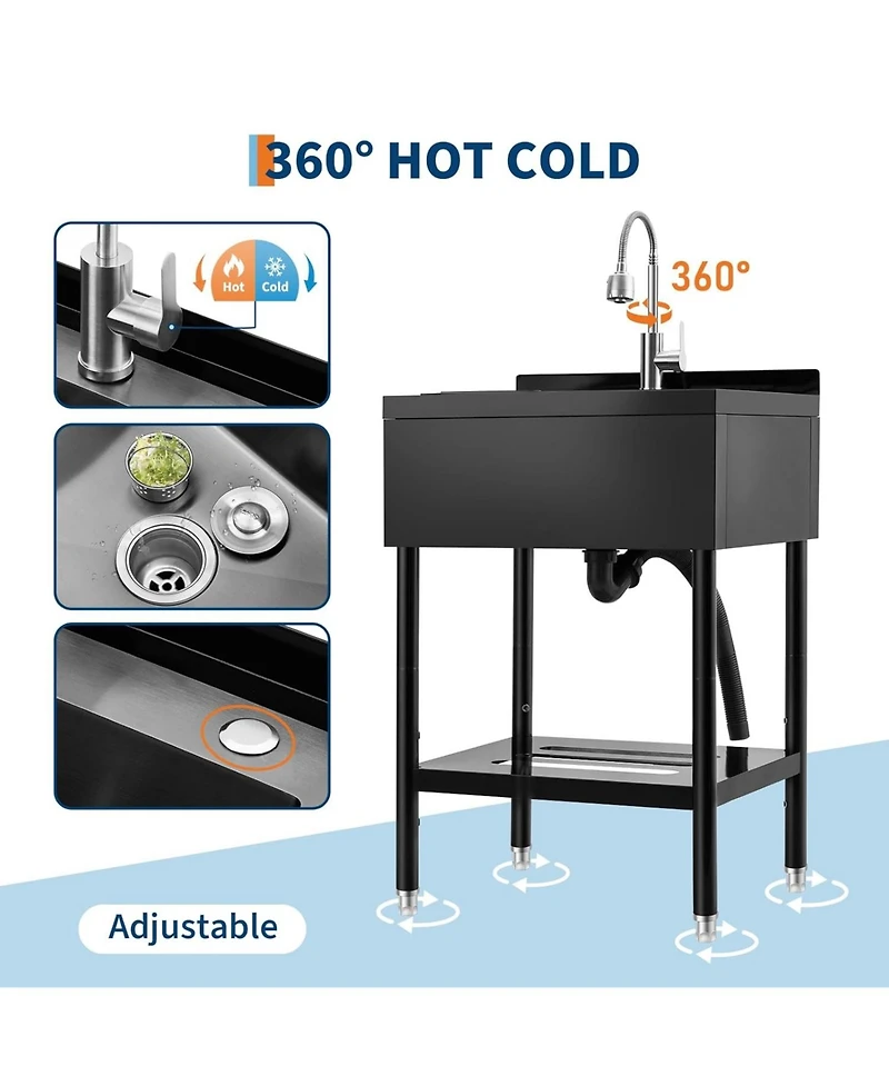 Gaomon Freestanding Stainless Steel Utility Sink Single Bowl with Pull-Out Hot and Cold Faucet Shelf and Drain Basket