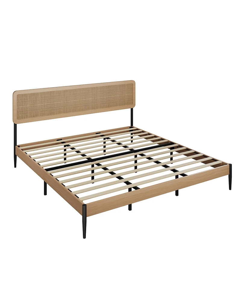 gaomon King Rattan Platform Bed – Headboard, Wood Slats, Under Bed Storage, Noise-Free, No Box Spring Needed