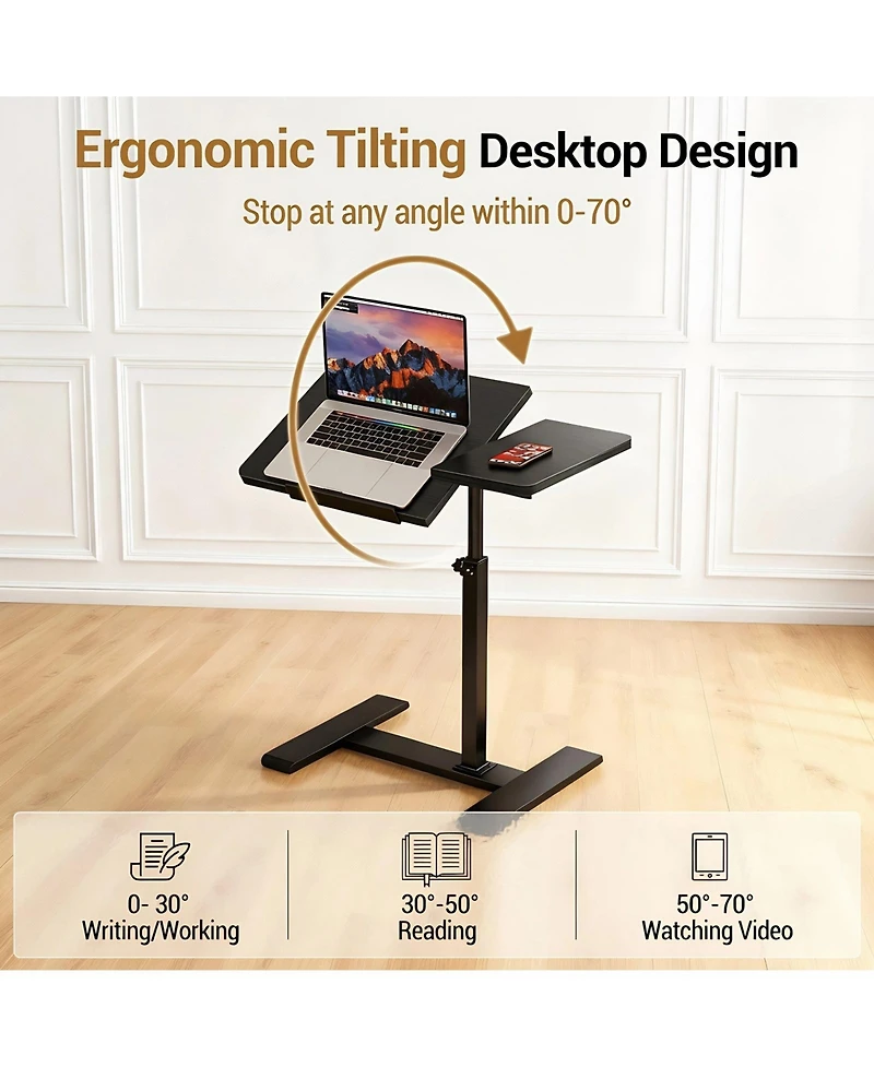 Gaomon Adjustable Rolling Laptop Desk, Overbed Table with Tilting Top, Mobile Standing Desk on Wheels for Bedroom, Office, Bedside, Small Spaces