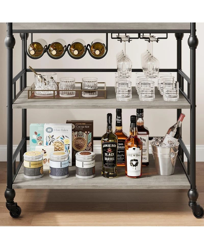 homfan 3-Tier Bar Cart with Wheels, Rolling Beverage Cart with Wine Rack and Removable Tray