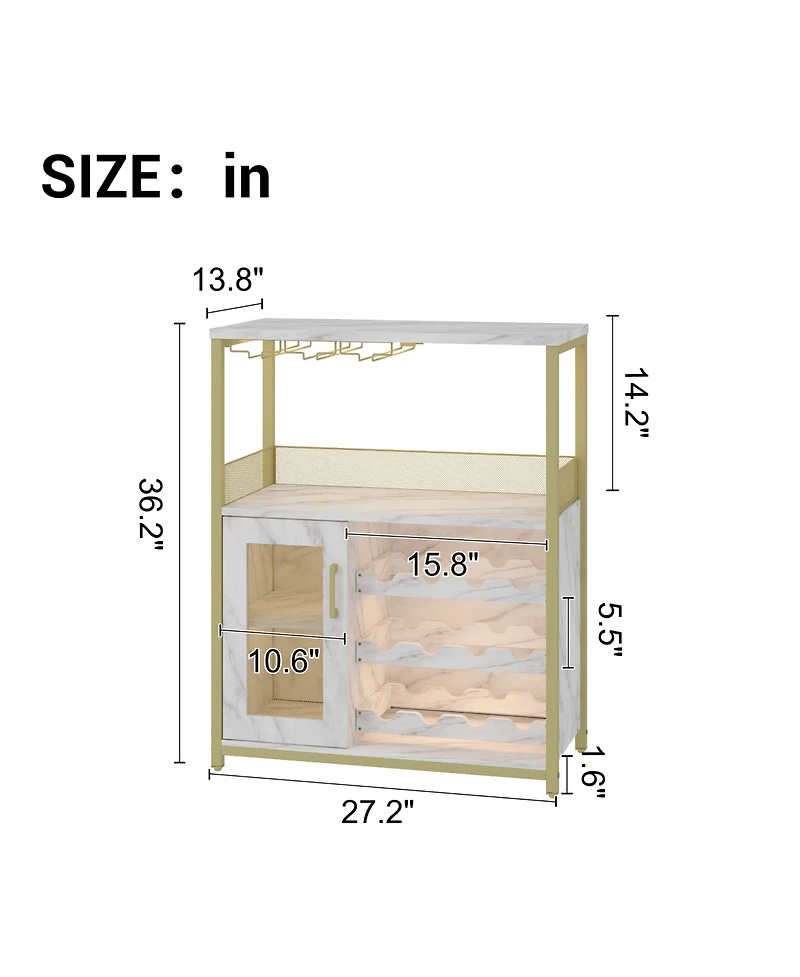 homfan Wine Cabinet with Led Lights, Freestanding Liquor Storage Rack for Living Room Kitchen Dining Room, Engineered Wood and Iron Bar Cabinet