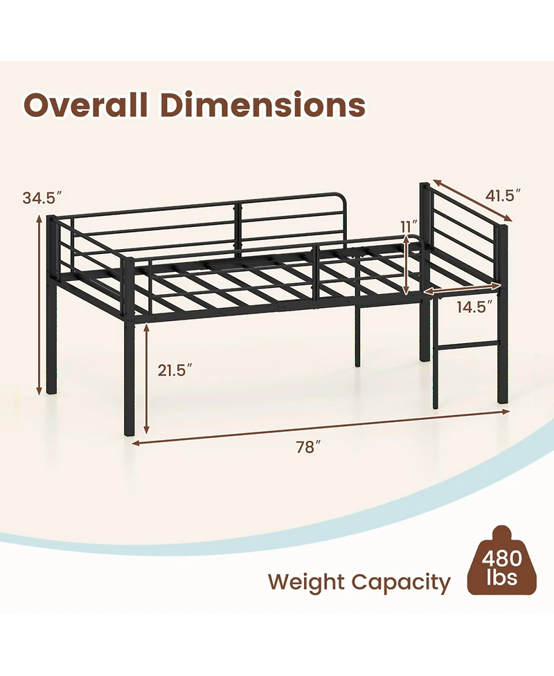 Slickblue Twin Low Loft Bed with Guardrails and 2 Ladders, Space-Saving Design