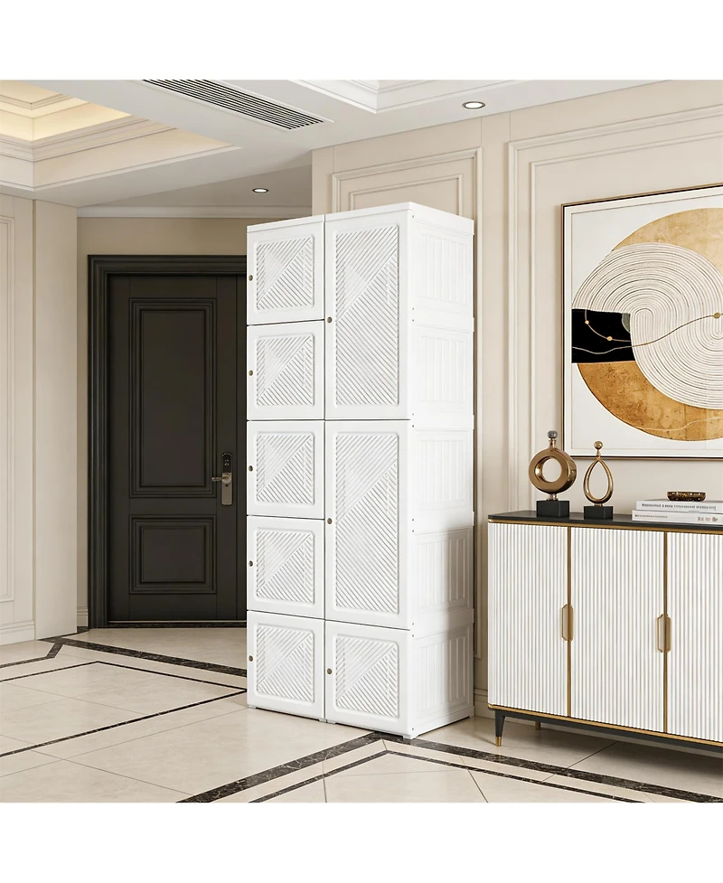 Clihome Portable Folding Wardrobe Storage Cabinet - 6 Compartments Clothes Organizer for Entryway
