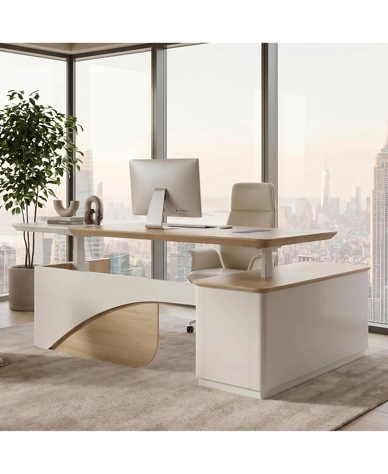 Logicfox 86" Electric Adjustable Height L Shaped Standing Executive Desk with Drawers and Shelves