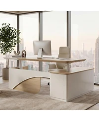 Logicfox 86" Electric Adjustable Height L Shaped Standing Executive Desk with Drawers and Shelves