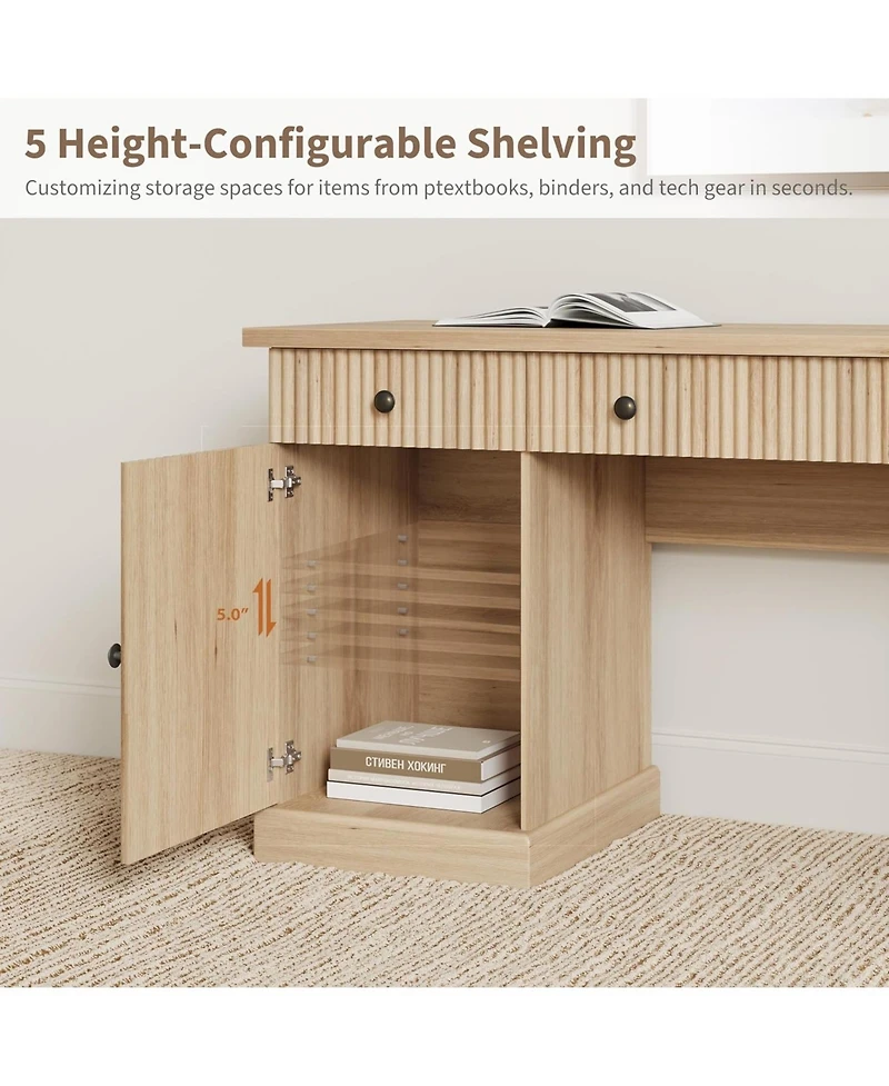homfan 60" Fluted Modern Executive Desk with Charging Station, File Cabinet and Drawers