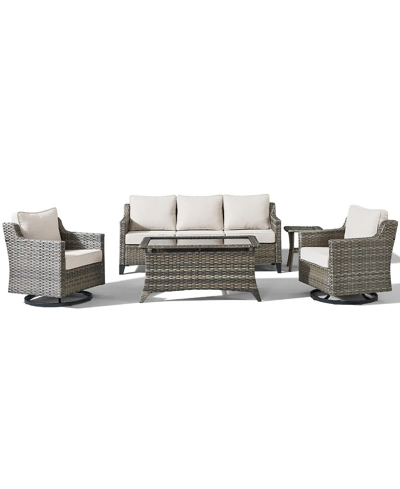 Pocassy Wicker Patio Furniture Set with Swivel Rocker Chairs Outdoor Sofa and Rattan Coffee Table, 5 Pieces Conversation Sets