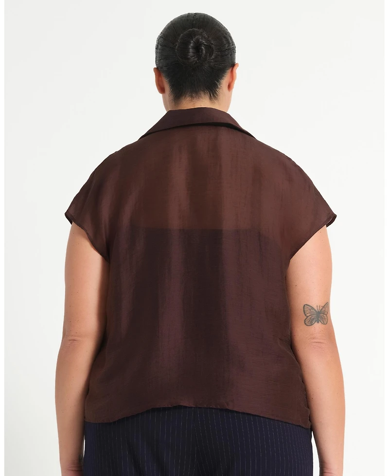 Estelle Women's Kelly Sheer Collared V-Neck Short Sleeve Top