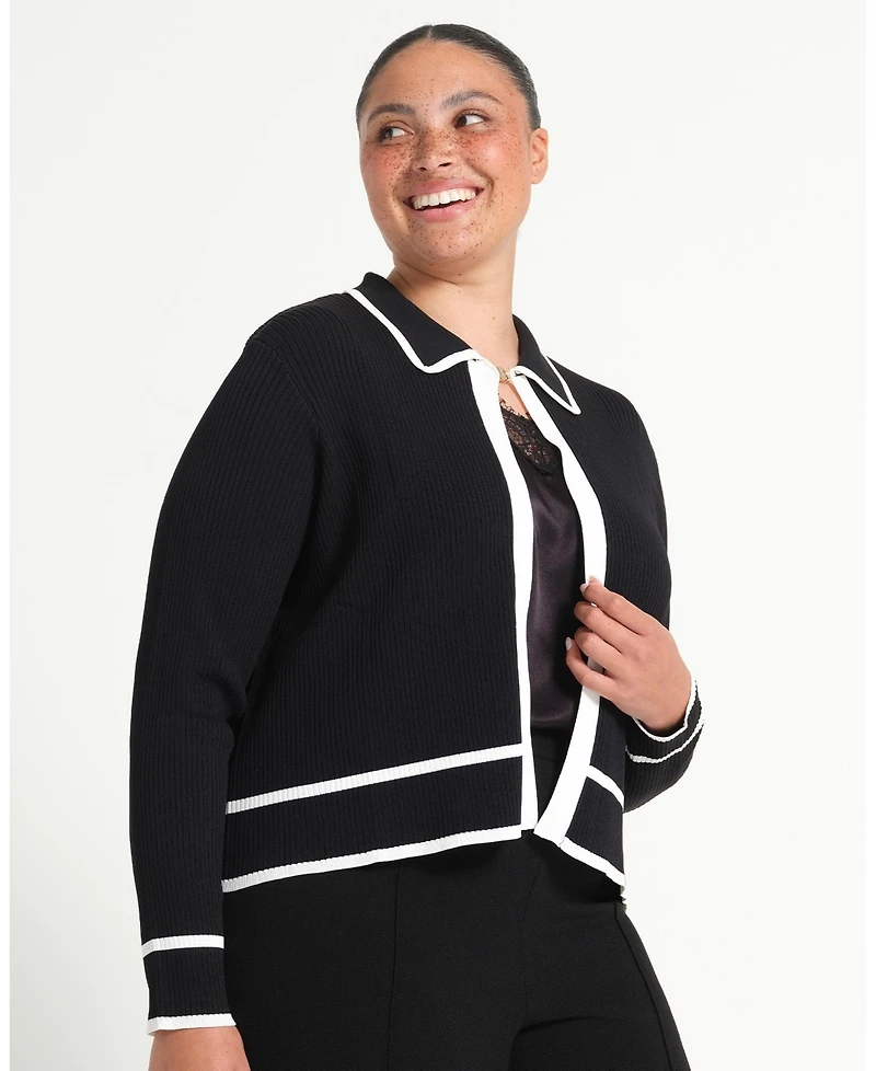 Estelle Women's Gracie Contrast Ribbed Collared Long Sleeve Cardigan