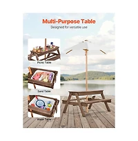 Sugift Kids Picnic Table 3-in-1 Wooden Bench Set with Sand Water Basin Umbrella