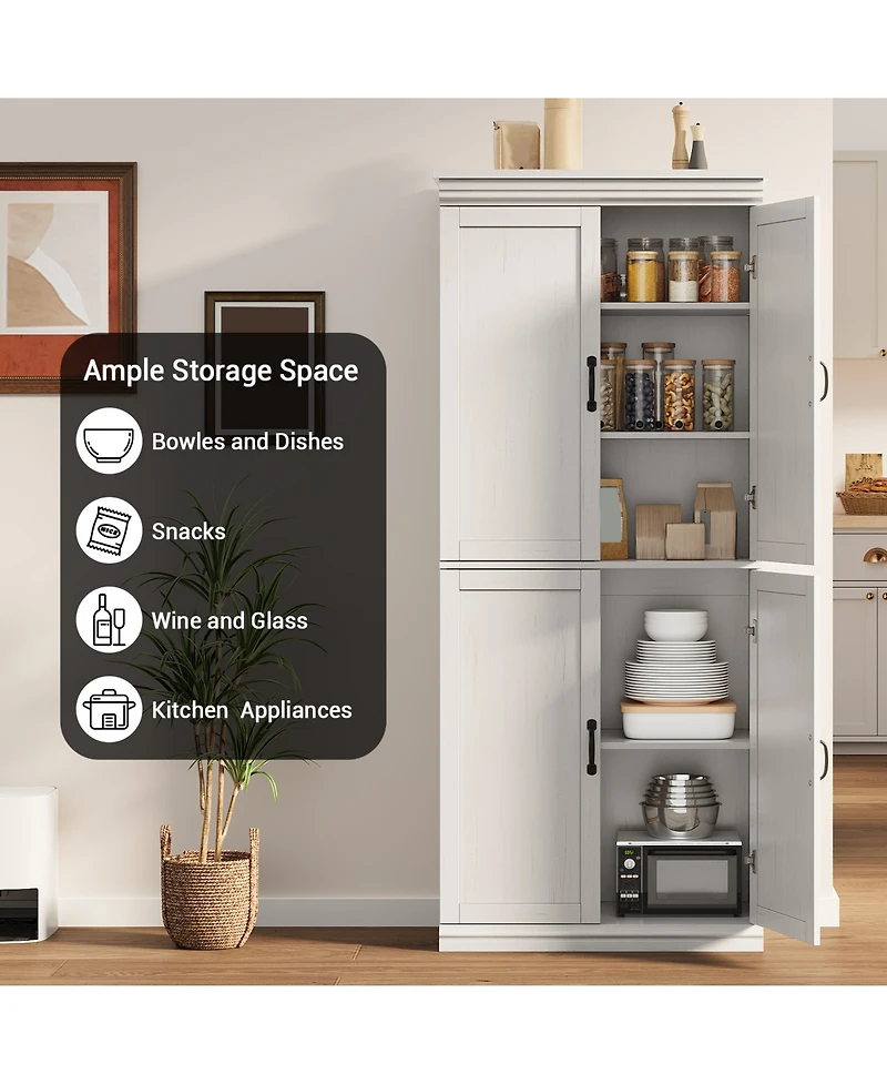 homfan Pantry Cabinet, Retro 4-Door Tall Cabinet, Engineered Wood with Adjustable Shelves