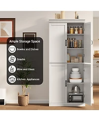 homfan Pantry Cabinet, Retro 4-Door Tall Cabinet, Engineered Wood with Adjustable Shelves