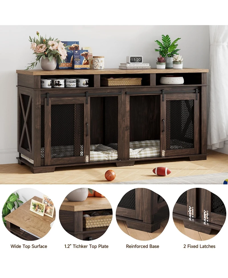 gaomon Adjustable Height Wooden Dog Crate Furniture End Table with 360 Rotating Feeder, Heavy Duty Dog Crate with 360 Wheels, Indoor Dog Kennel