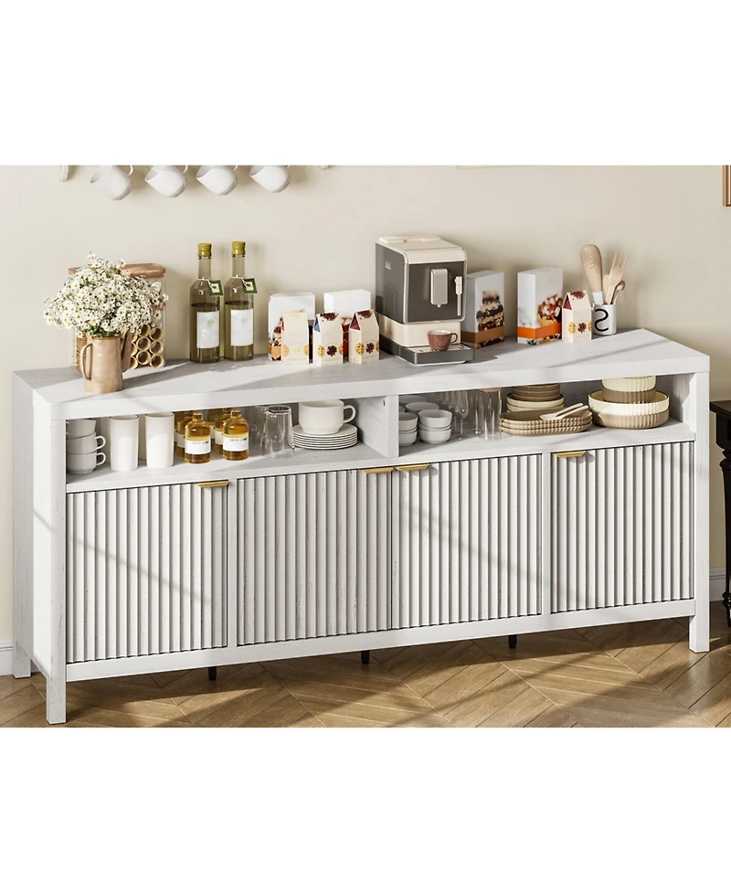homfan Fluted Modern Buffet Cabinet, 4-Door Storage Sideboard with Adjustable Shelf for Kitchen Living Room