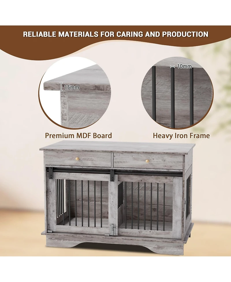 gaomon Dog Crate Furniture with 2 Drawers, Wooden End Table Indoor Dog House with Divider for Large Medium Small Dogs, Multi-Functional Tv Stand