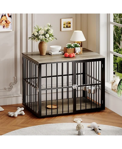 gaomon Heavy Duty Wooden Dog Crate for Medium Large Dogs Double Doors, Adjustable Bowls, Modern Indoor Kennel End Table, Pet Cage, Console