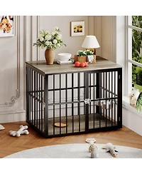 gaomon Heavy Duty Wooden Dog Crate for Medium Large Dogs Double Doors, Adjustable Bowls, Modern Indoor Kennel End Table, Pet Cage, Console
