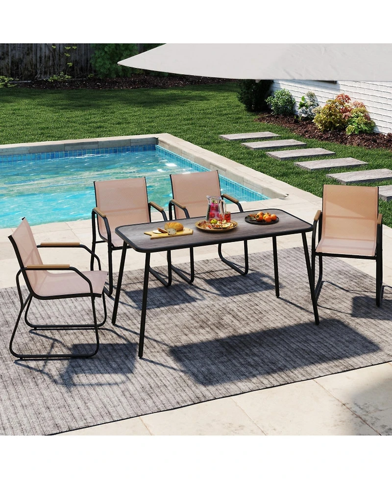 Gouun 5 Piece Patio Dining Set with 55 in Rectangular Wood-Look Table and 4 Fabric Sling Armchairs