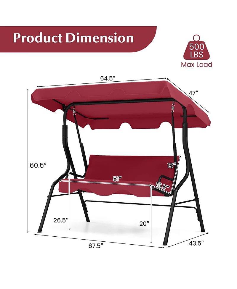 Gymax 3-Person Outdoor Patio Swing Chair Adjustable Canopy and Removable Cushion