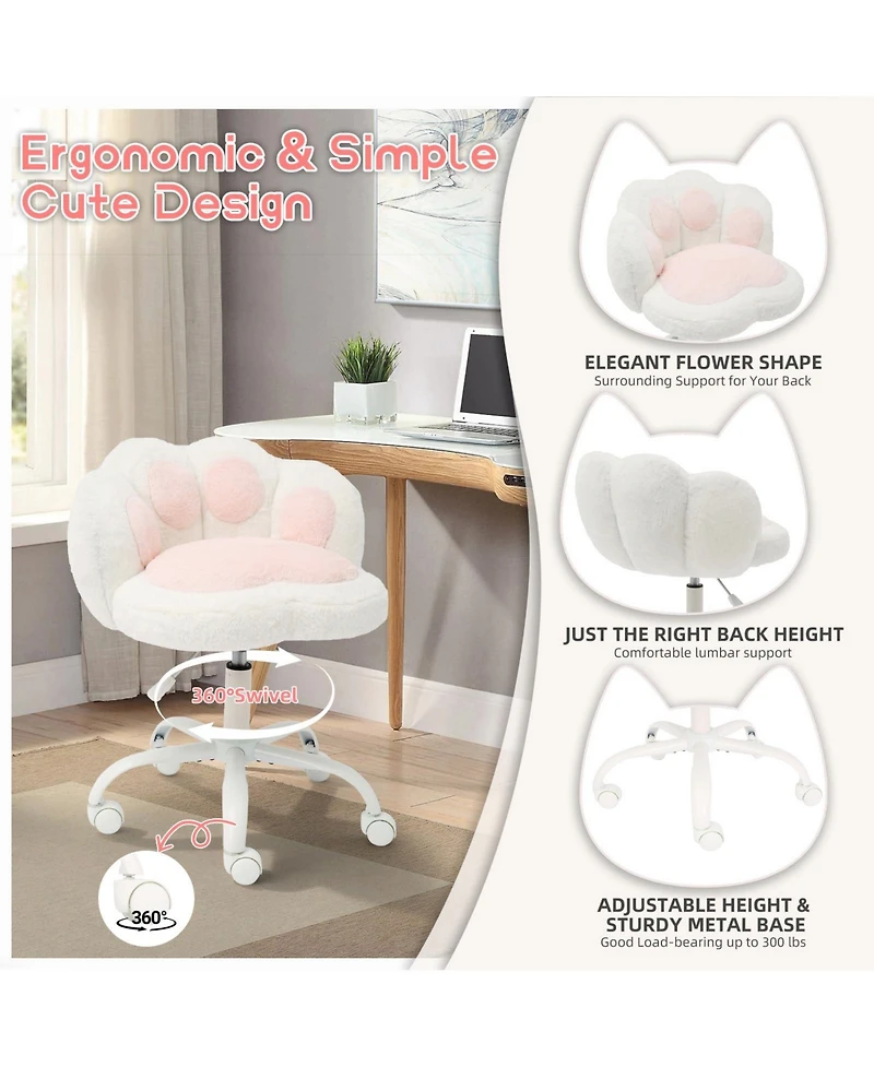 homfan Vanity Chair with Wheels, Cat Paw Back, 360degree(s) Swivel Height Adjustable Armless Chair, Teddy Fleece, Color-Blocking