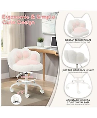 homfan Vanity Chair with Wheels, Cat Paw Back, 360degree(s) Swivel Height Adjustable Armless Chair, Teddy Fleece, Color-Blocking