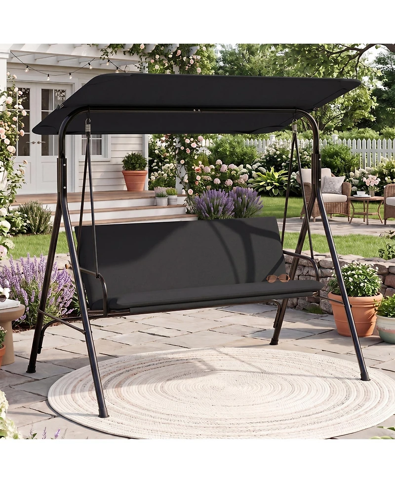 Gymax 3-Seat Outdoor Patio Swing Chair w/ ArmrestsAdjustable Tilt Canopy and Stand