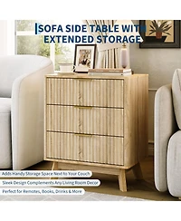 homfan Set of 2 Fluted 3-Drawer Nightstands, Bedroom Side Tables with Metal Handles Wood Finish