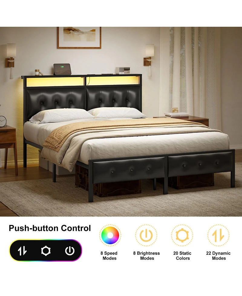 Hausource Queen Bed Frame with Storage Headboard & Charging Station Platform Bed No Box Spring Needed