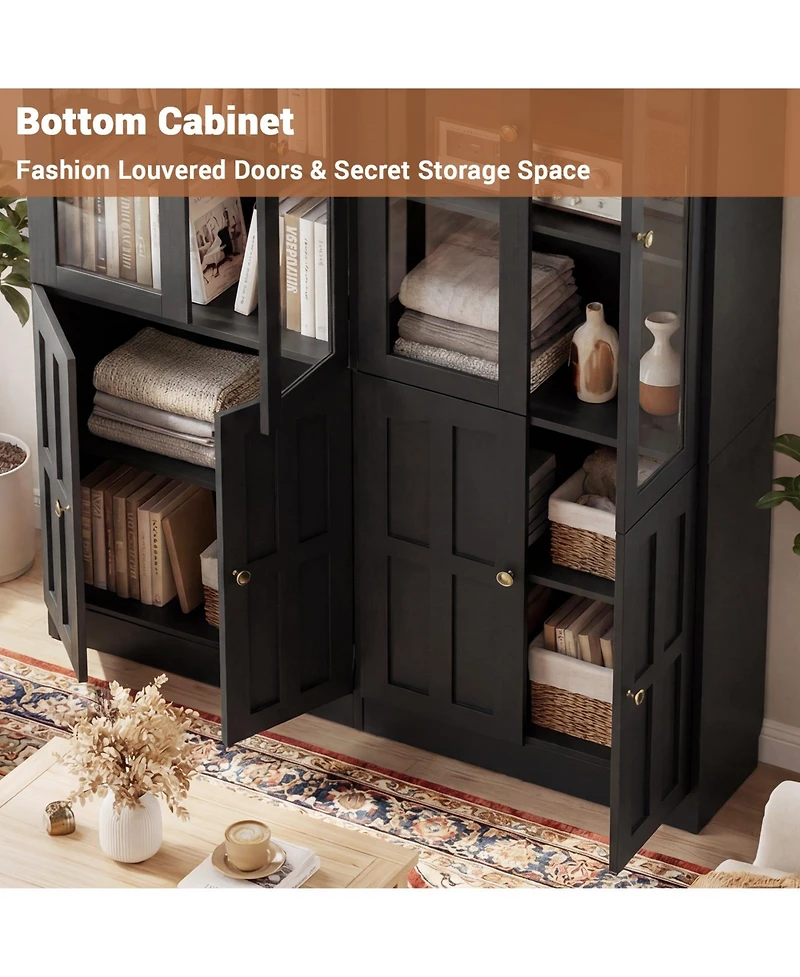 Aheaplus Storage Cabinet with Glass Doors, Wooden Bookcase with Shelves