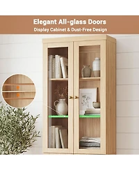 Aheaplus Storage Cabinet with Glass Doors, Wooden Bookcase Shelves