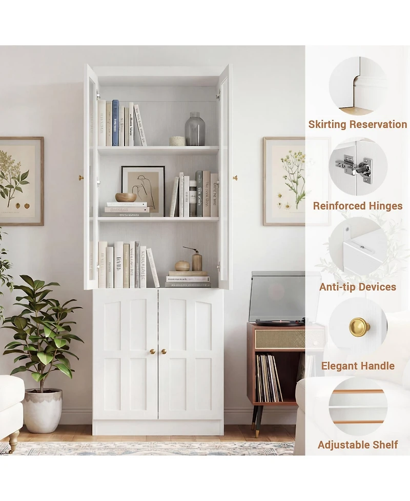 Aheaplus Storage Cabinet with Glass Doors, Wooden Bookcase with Shelves