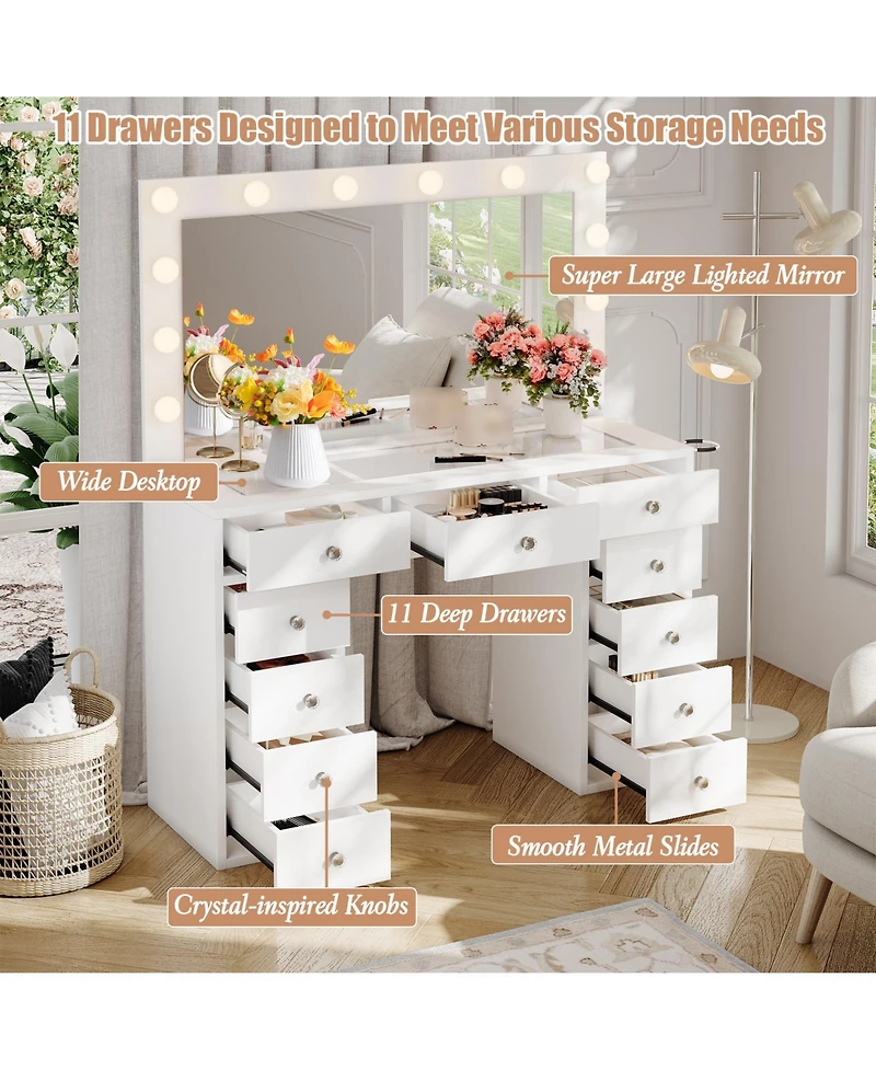 gaomon Makeup Vanity Desk with Mirror, 45"W Dressing Table with 11 Drawers and Glass Tabletop, Brightness Adjustable Makeup Vanity Table for Bedroom