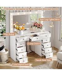gaomon Makeup Vanity Desk with Mirror, 45"W Dressing Table with 11 Drawers and Glass Tabletop, Brightness Adjustable Makeup Vanity Table for Bedroom