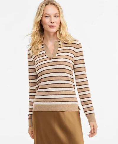 Charter Club Women's 100% Cashmere Striped Collared V-Neck Sweater, Macy's Exclusive