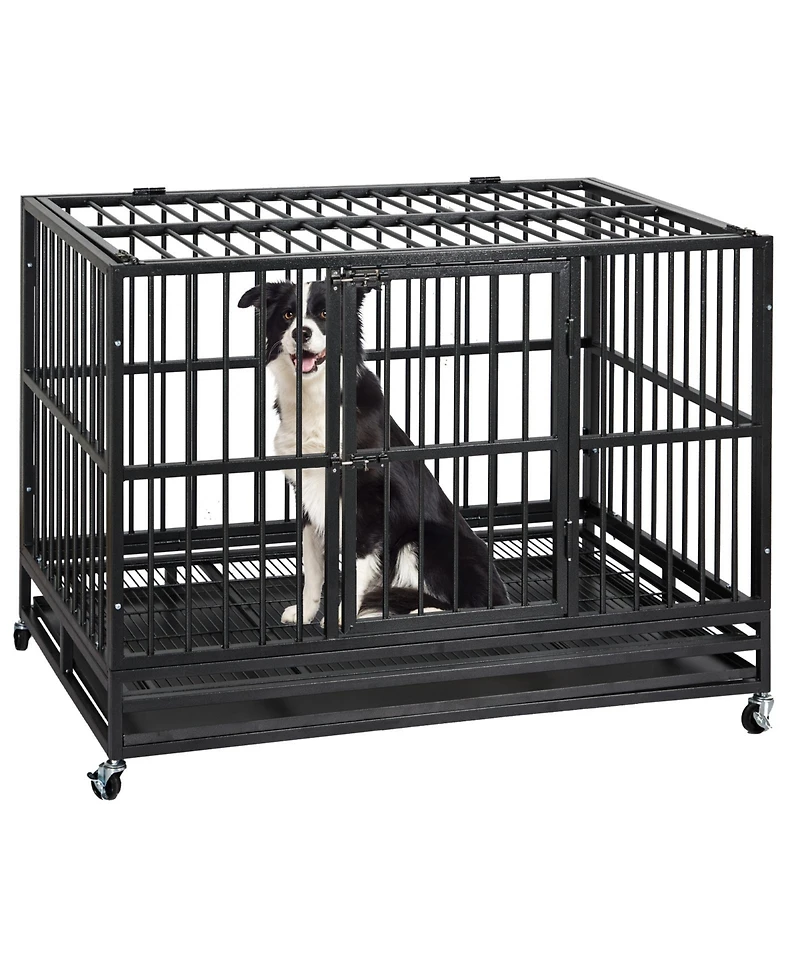 gaomon 47'' Heavy Duty Escape Proof Dog Crate and Kennel Steel Large Dog Cage with Doors, Lockable Wheels, Removable Trays, Waterproof Uv Cover