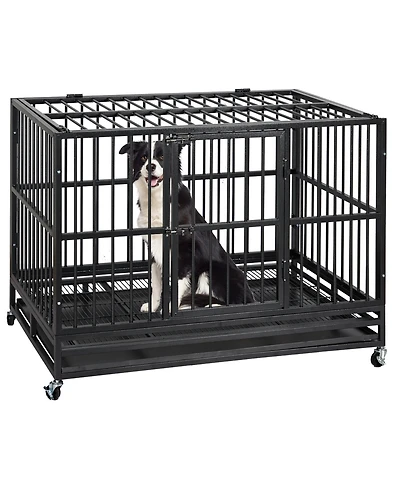 gaomon 47'' Heavy Duty Escape Proof Dog Crate and Kennel Steel Large Dog Cage with Doors, Lockable Wheels, Removable Trays, Waterproof Uv Cover