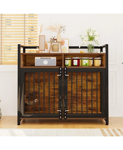 gaomon 48'' Heavy Duty Wooden Dog Crate Furniture for Large or Medium Dogs Double Doors, 2 Storage Drawers, 360degree(s) Swivel Raised Feeder