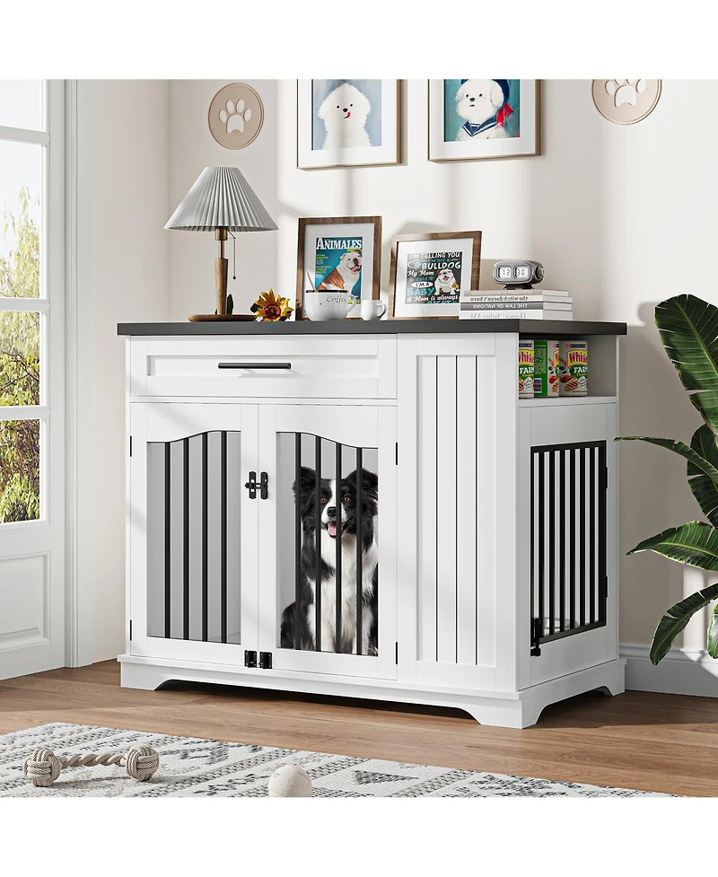 gaomon 44 Inch Heavy Duty Wooden Dog Crate Furniture with Drawer, Side Storage and Built-In Feeding Station Modern Kennel End Table for Large Dogs