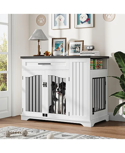 gaomon 44 Inch Heavy Duty Wooden Dog Crate Furniture with Drawer, Side Storage and Built-In Feeding Station Modern Kennel End Table for Large Dogs