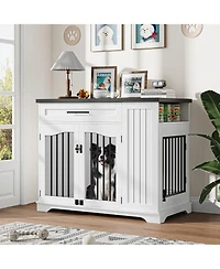 gaomon 44 Inch Heavy Duty Wooden Dog Crate Furniture with Drawer, Side Storage and Built-In Feeding Station Modern Kennel End Table for Large Dogs