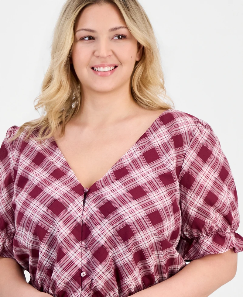 And Now This Trendy Plus V-Neck Button-Front Cotton Peplum Top, Macy's Exclusive