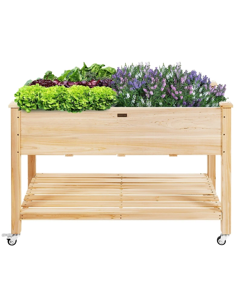 Sugift Wood Elevated Planter Bed with Lockable Wheels and Bottom Shelf and Liner
