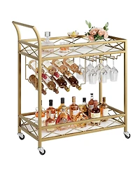 homfan Gold 2-Tier Bar Cart with Wheels, White Marble Finish Shelf, Wine Rack and Glass Holder for Kitchen