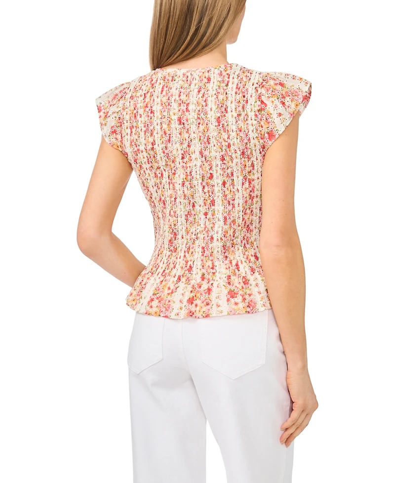 CeCe Women's Printed Tie-Neck Smocked Top