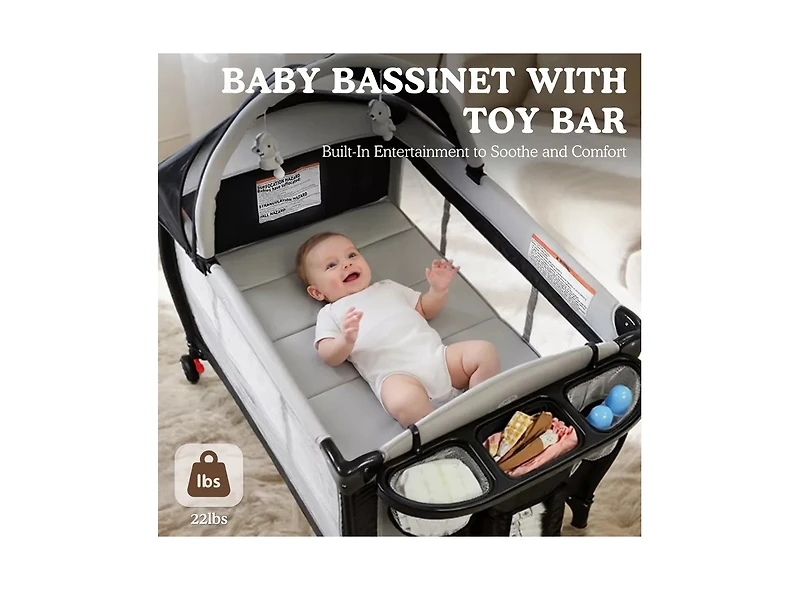 Kinder King 4-in-1 Portable Baby Playard with Bassinet, Changing Table and Canopy