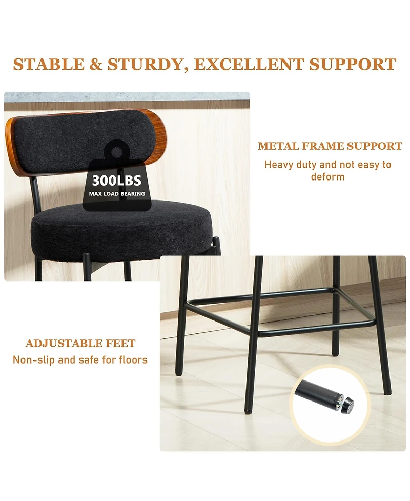 Dyhome 24 inches Bar Stools Set of 2, Counter Height with Boucle Fabric and Wood Back