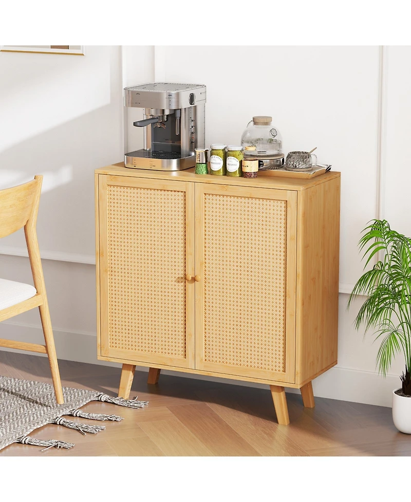 Gouun Bamboo Buffet Storage Cabinet with Pe Rattan Doors, 31.5 x 13.5 x 33.5