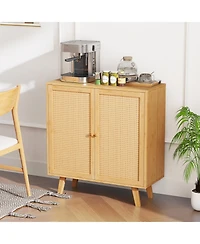 Gouun Bamboo Buffet Storage Cabinet with Pe Rattan Doors, 31.5 x 13.5 x 33.5