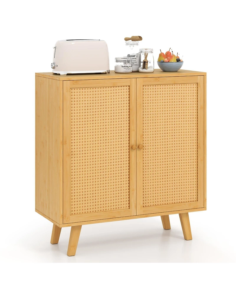 Gouun Bamboo Buffet Storage Cabinet with Pe Rattan Doors, 31.5 x 13.5 x 33.5