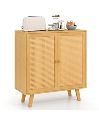 Gouun Bamboo Buffet Storage Cabinet with Pe Rattan Doors, 31.5 x 13.5 x 33.5